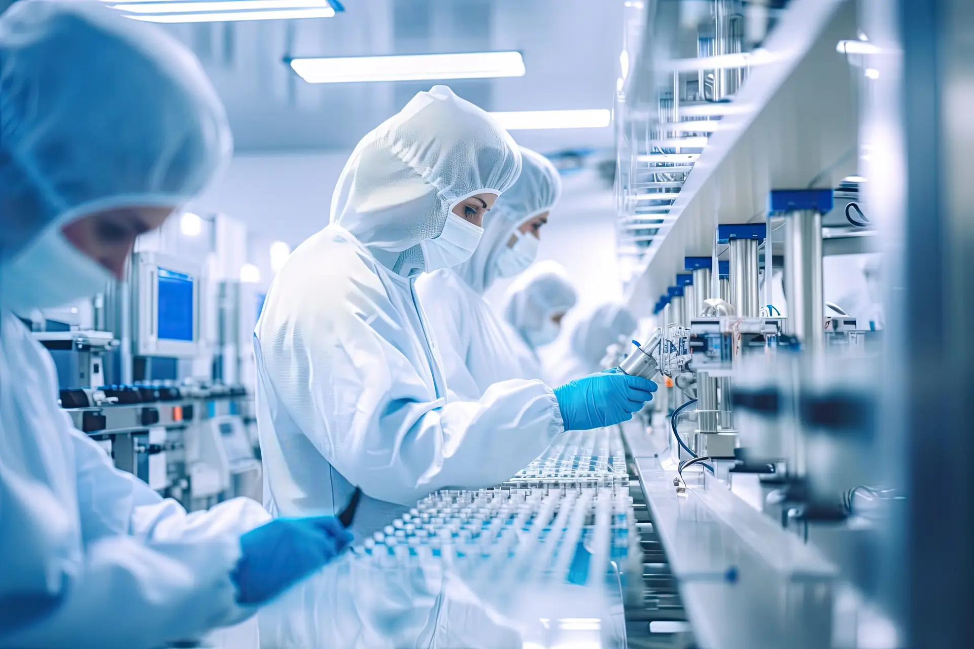 In a modern industrial facility, scientists and technicians work together on pharmaceutical and medical research